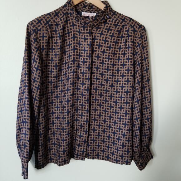 Vintage 80s Pendleton Navy & Gold Geometric Print Coordinating Blouse Skirt Set - Picture 3 of 11